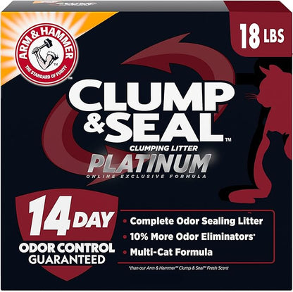 ARM &amp; HAMMER Clump &amp; Seal Platinum Clumping Cat Litter Odor Control, Multi-Cat, 14-Day Odor Control, Online Exclusive Formula, 18 Lbs