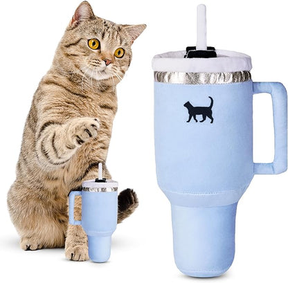 Kitty Cup Tumbler Cat Toy – Funny Cat Birthday Gifts with Catnip &amp; Crinkle Paper, Cute Girl Kitten Toys (Chambray Blue)