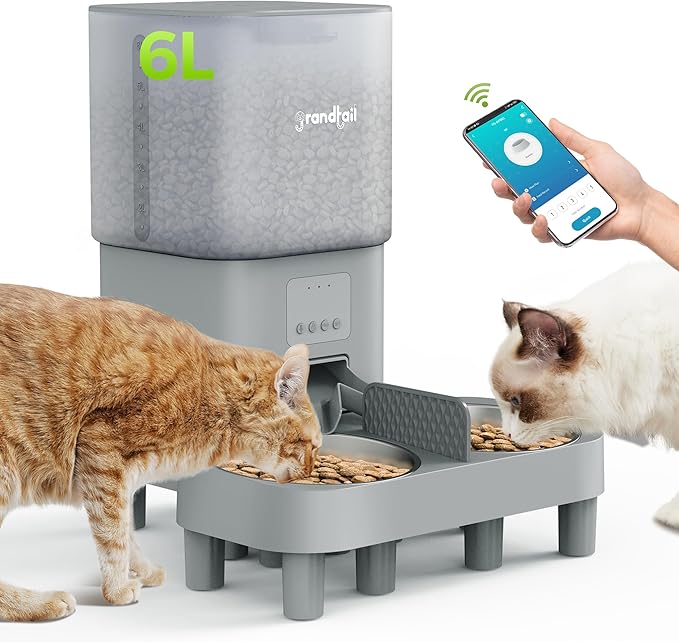 WiFi Automatic Cat Feeder with App - 6L Elevated Smart Food Dispenser for 2 Pets, Programmable 1-10 Meals, 2 Stainless Bowls &amp; Dual Power