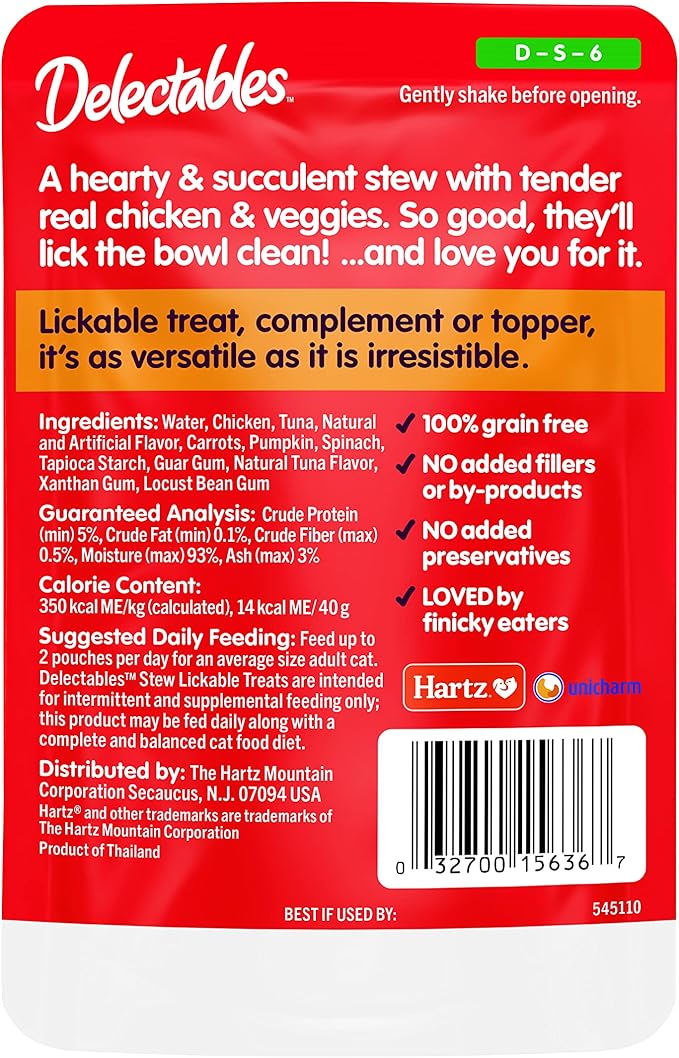 Hartz Delectables Stew Lickable Wet Cat Treats for Adult &amp; Senior Cats, Chicken &amp; Veggies, 1.4 Ounce (Pack of 12) (Packaging may vary)