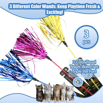 ADUCK Interactive Cat Teaser Wand Toy with Tassels - Durable Cat Chaser for Indoor Kitten Exercise, Boredom Relief &amp; Training Play, Pack of 3 (Gold, Blue, Pink)
