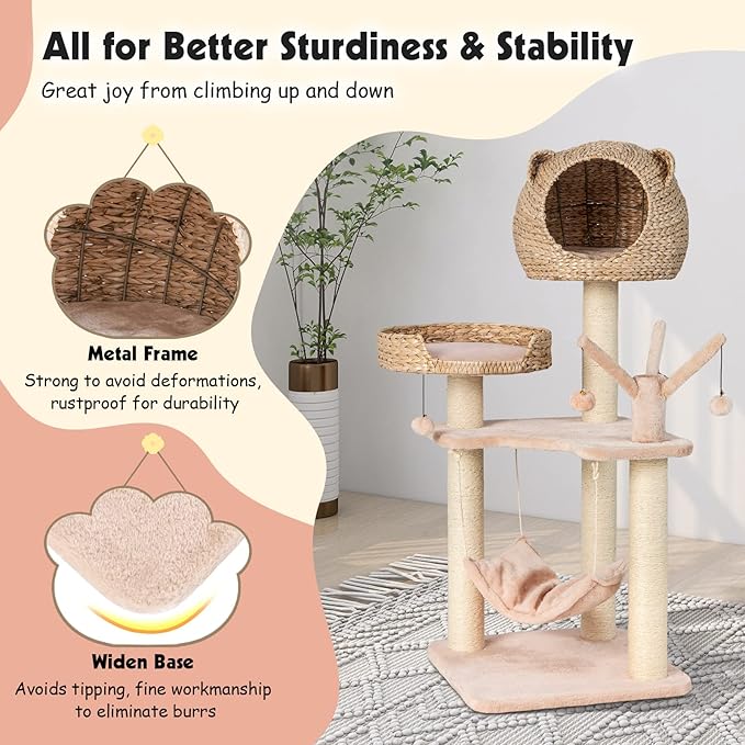 PETSITE Woven Cat Tree, Modern Cat Tower with Hammock &amp; Scratching Posts, Cattail Condo &amp; Top Perch, Cat Activity Tree for Indoor Cats