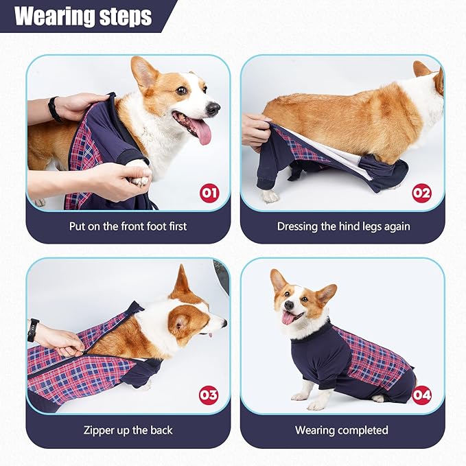 Dog Recovery Suit, Abdominal Wound After Surgery Wear, Anti Licking Bodysuit with Zipper, E-Collar &amp; Cone Alternatives, Plaid Dog Spay Surgical Onesie Prevent Shedding(Medium, Red)
