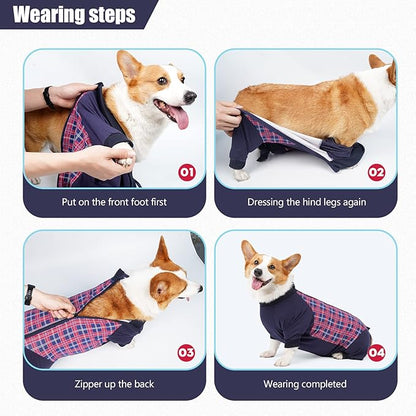 Dog Recovery Suit, Abdominal Wound After Surgery Wear, Anti Licking Bodysuit with Zipper, E-Collar &amp; Cone Alternatives, Plaid Dog Spay Surgical Onesie Prevent Shedding(Medium, Red)