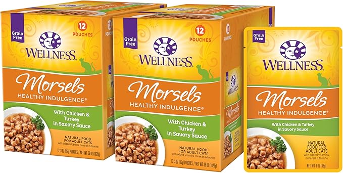 Wellness Healthly Indulgence Morsels Adult Wet Cat Food, Natural, Protein-Rich, Grain Free, 3 Ounce Pouch, 24 Pack, (Chicken &amp; Turkey)