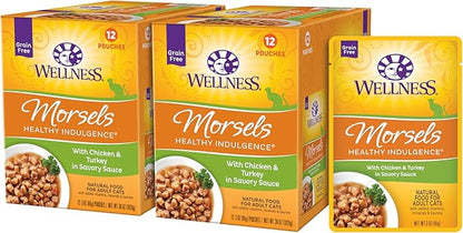 Wellness Healthly Indulgence Morsels Adult Wet Cat Food, Natural, Protein-Rich, Grain Free, 3 Ounce Pouch, 24 Pack, (Chicken &amp; Turkey)