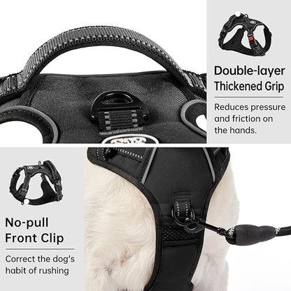IVY&amp;LANE No Pull Dog Harness for Medium Dogs, Dog Vest Harness with Leash, Safety Belt and Storage Strap, Fully Adjustable Harness, 360° Reflective Strip, Soft Handle (Black, M)