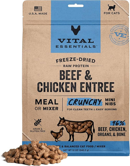 Vital Essentials Freeze-Dried Raw Beef &amp; Chicken Meal or Mixer Cat Food Crunchy Nibs, 12 oz