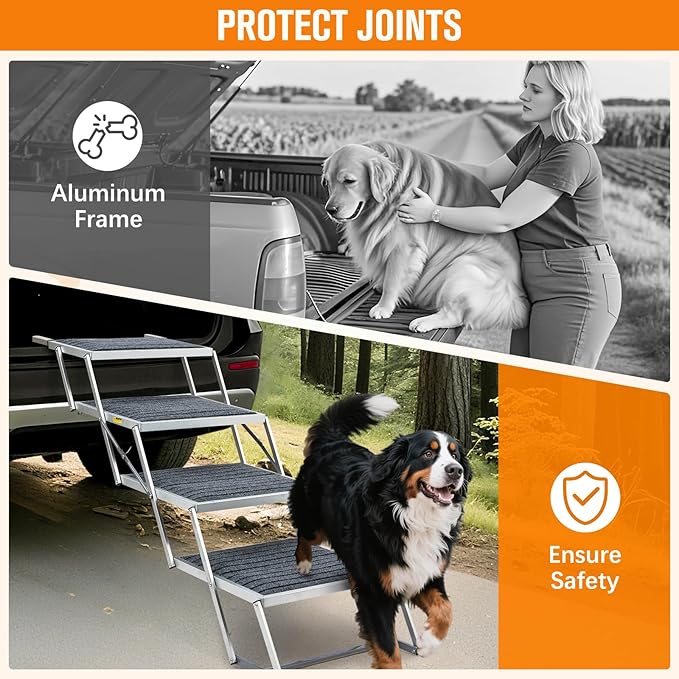 20" Extra Wide Dog Ramp, 4-Step Foldable Pet Stairs with Non-Slip Carpet - Lightweight Aluminum for SUV/Truck/Car &amp; High Beds - Supports Large Dogs up to 200Lbs