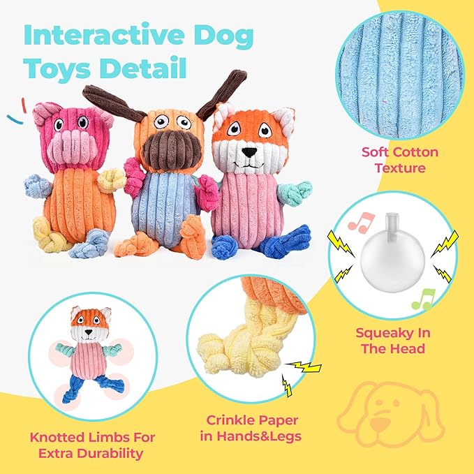 3pcs Dog Squeaky Toys, Plush Stuffed Puppy Chew Toy for Extended Play, Interactive Toys Gifts for Small Medium Large Chewer Dogs, Pet Toy Bulk to Keep Them Busy(Dog&amp;Fox&amp;Pig)