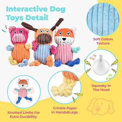 3pcs Dog Squeaky Toys, Plush Stuffed Puppy Chew Toy for Extended Play, Interactive Toys Gifts for Small Medium Large Chewer Dogs, Pet Toy Bulk to Keep Them Busy(Dog&amp;Fox&amp;Pig)