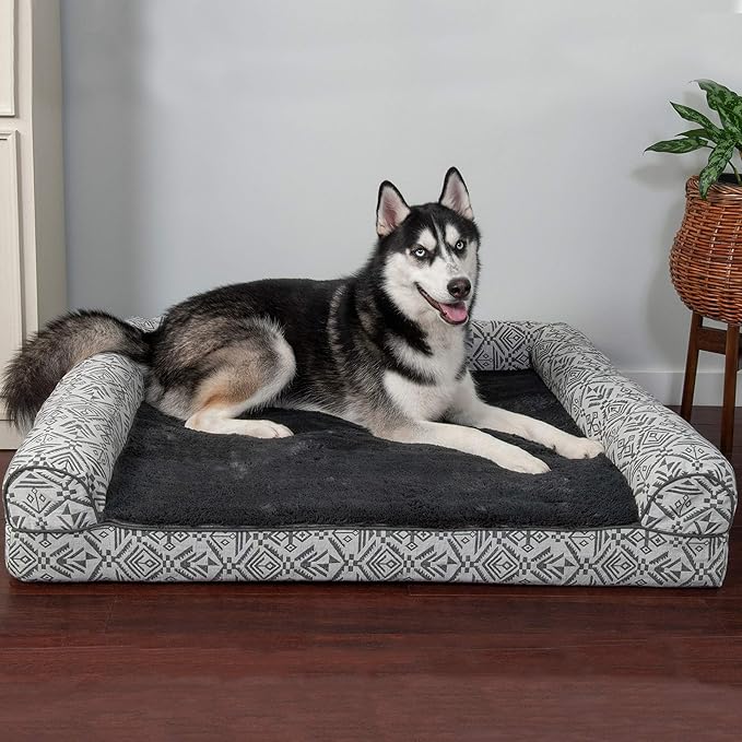 Furhaven Orthopedic Dog Bed for Large Dogs w/ Removable Bolsters &amp; Washable Cover, For Dogs Up to 95 lbs - Plush &amp; Southwest Kilim Woven Decor Sofa - Boulder Gray, Jumbo/XL