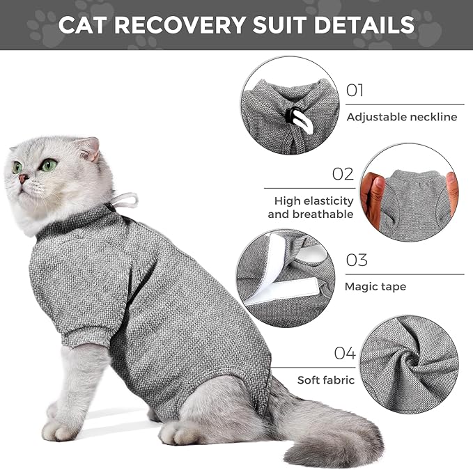 Dotoner Cat Surgery Recovery Suit for Female Male Anti-Licking Pet Surgical Pajamas Long Sleeve Prevent Shedding Cat Spay Recovery Suit&amp;E Collar Alternative Bodysuit for Cats