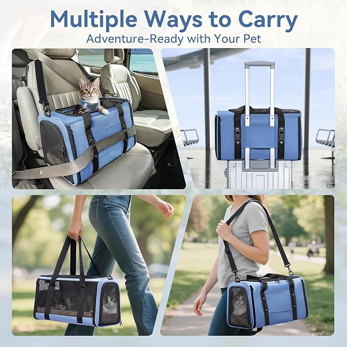 PETSFIT Soft-Sided Cat Carriers &amp; Car Seats with Patent Safe Buckles, Clip-On Harness，18"x11"x11" Airline Approved Pet Carrier - 9 lbs Capacity (Blue)