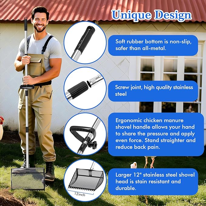12 Inch Chicken Poop Scooper &amp; Rake 2-in-1, Large Metal Shovel Head, Rubber Handle Stainless Steel Chicken Litter Scoop for Chicken Coops, Litter Screening Scoop (35 to 65in) US Patent Pending (Black)