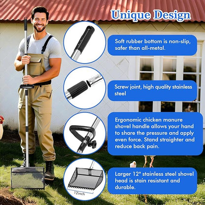 12 Inch Chicken Poop Scooper &amp; Rake 2-in-1, Large Metal Shovel Head, Rubber Handle Stainless Steel Chicken Litter Scoop for Chicken Coops, Litter Screening Scoop (35 to 65in) US Patent Pending (Black)