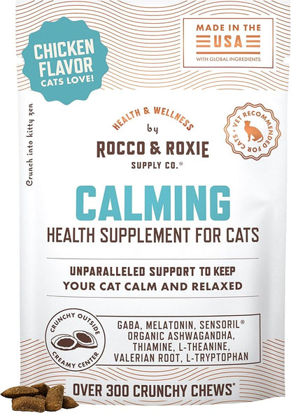 Rocco &amp; Roxie Cat Calming Treats with Melatonin for Cats, Stress and Anxiety Relief, Keep Calm for Grooming, Travel, or Vet Visits, Aid Sleep with Organic Ashwagandha and GABA, Chicken Flavored Chews