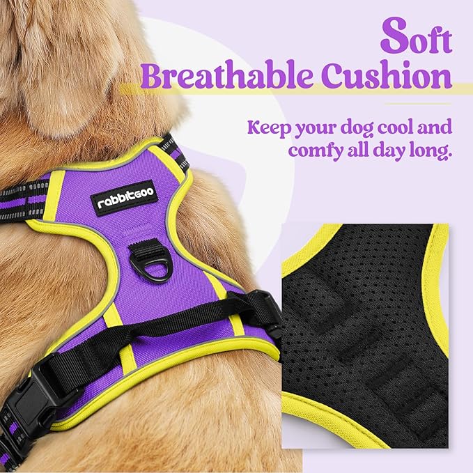 rabbitgoo Dog Harness No Pull with 2 Leash Clips, Adjustable Soft Padded, Reflective Oxford No Choke Pet Vest with Easy Control Handle for Large Dogs, Purple &amp; Yellow, XL