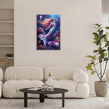 Sea Mermaid Bathroom Pictures Wall Art, Ocean Mermaid Bathroom Wall Decor, Aesthetics Framed Painting Canvas Artwork for Bedroom Living Room Decorations 24"L x 16"W
