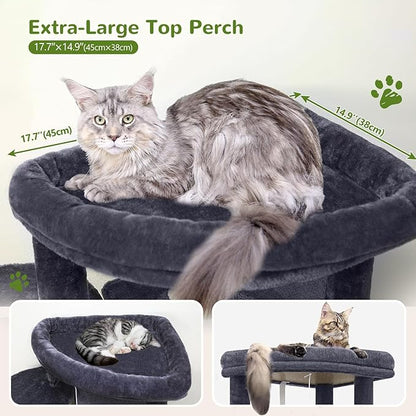 Globlazer Corner Cat Tree for Large Cats, 66inch Tall Curved Series Large Cat Tower for Multiple Indoor Cats with 6 Scratching Posts, 2 Spacious Cat Condos, Hammock, Hanging Basket, C66, Dark Grey