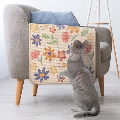 SCRATCHABLE Sisal Cat Scratcher, [+ Catnip Fish Toy], Wall Scratcher, Couch Protector, Scratching Mat- 24 X 15.8 With 12 Adhesive Velcro Stripes (Floral)