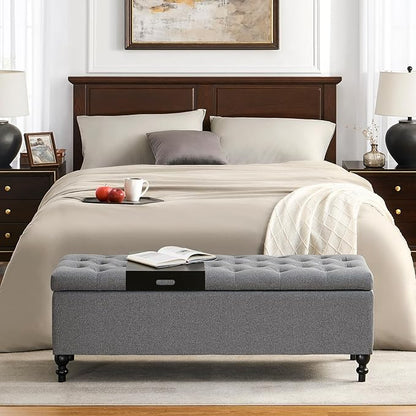 Ottoman with Storage,50.2-inch Upholstered End of Bed Storage Bench for Bedroom,for The Living Room,for Entryway, with Tray &amp; Button and Safety Hinges,Detachable (Grey)