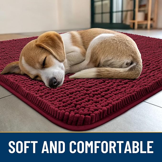 Smiry Dog Door Mat for Muddy Paws 30x20, Absorbs Moisture and Dirt Doormat, Non-Slip Washable Quick Dry Chenille Front Door Mat Indoor Entrance, Entryway Carpet for Inside Floor, Burgundy
