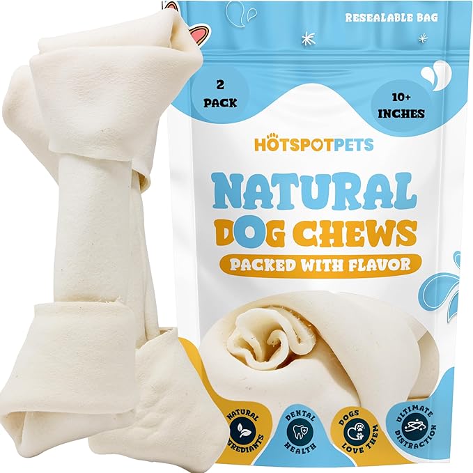 hotspot pets 10 Inch Large Rawhide Dog Bones - Made from Grass Fed Cows - Long Lasting Chews Great for Dental &amp; Oral Care - Bones for Aggressive Chewers &amp; Large Dogs (10 Inch - 2 Count)