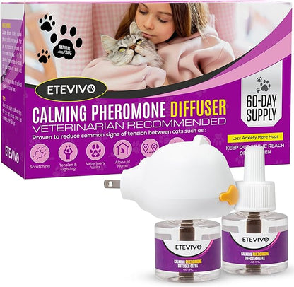 Cat Pheromones Calming Diffuser Cat Anxiety Relief Pheromones for Cats Promotes Well-Being &amp; Comfort Cat Calming Diffuser with 2 Refills 60 Days Long Lasting Serenity