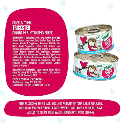 Weruva B.F.F. Play - Best Feline Friend Paté Lovers, Aw Yeah!, Duck &amp; Tuna Trickster with Duck &amp; Tuna, 2.8oz Can (Pack of 12)