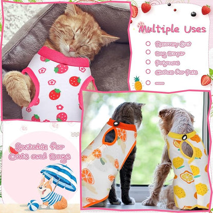 Nuanchu 3 Pieces Cat Recovery Suit Kitten Recovery Suit E-Collar Alternative for Cats and Dogs Abdominal Skin Anti Licking Pajama Clothes Sets(Fruit Pattern,Small)