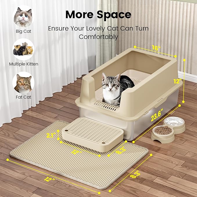 Stainless Steel Cat Litter Box - Enclosed XL Metal Kitty Litter Box with Lid for Big Cats, High Sided, Anti-Leakage, Easy Cleaning, Non-Sticky, Included Spoon &amp; Aisle (Khaki)