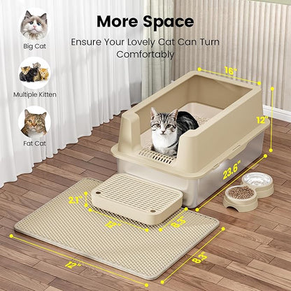 Stainless Steel Cat Litter Box - Enclosed XL Metal Kitty Litter Box with Lid for Big Cats, High Sided, Anti-Leakage, Easy Cleaning, Non-Sticky, Included Spoon &amp; Aisle (Khaki)
