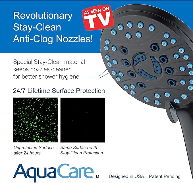 Hotel Spa AquaCare High Pressure 8-mode Handheld Shower Head - Anti-clog Nozzles, Built-in Power Wash to Clean Tub, Tile &amp; Pets, Extra Long 6 ft. Stainless Steel Hose, Wall &amp; Overhead Brackets