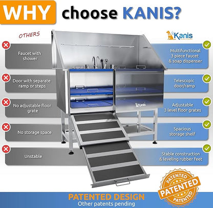 KANIS Professional Dog Washing Station - 304 Stainless Steel Pet Wash Sink &amp; Grooming Bath Tub for Home with Ramp, Shower, Floor Grate, Storage Shelf, Faucet, Drain Kit for Large, Medium &amp; Small Pets