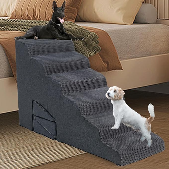 Dog Stairs &amp; Steps Ramps for High Beds 30 inches High Tall, LitaiL 6 Step Pet Stairs Steps for Small Large Dogs, Non-Slip Dog Ramps with 3 Pack Ramps for Staircase