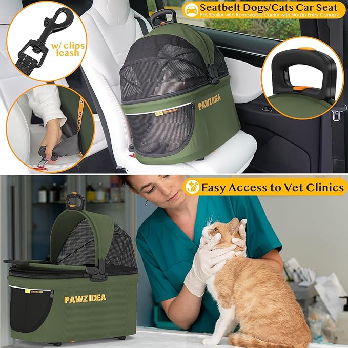 PAWZIDEA Double Pet Stroller with 2 Detachable Carriers, Portable Dog Crate for Car Travel &amp; TSA-Approved Expandable Cat Carrier, Foldable Lightweight Jogger Stroller for 2–4 Cats or Small/Medium Dogs