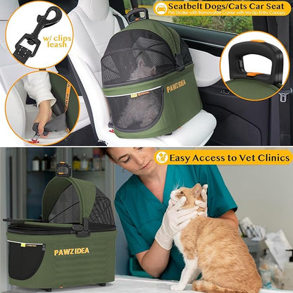 PAWZIDEA Double Pet Stroller with 2 Detachable Carriers, Portable Dog Crate for Car Travel &amp; TSA-Approved Expandable Cat Carrier, Foldable Lightweight Jogger Stroller for 2–4 Cats or Small/Medium Dogs