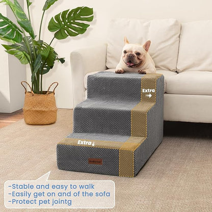 Dog Stairs for Small Dogs &amp; Cats,3-Step Extra Wide Non-Slip Pet Steps for Couch Sofa and Chair,Grey,15.7" H