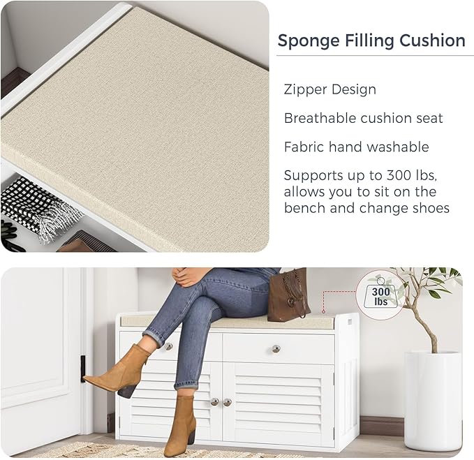Shoe Storage Bench with 2 Drawers &amp; 2 Doors, Entryway Bench with Cushion, 2 Adjustable Shelves, Shoe Cabinet for Entryway, Living Room, Hallway, Mudroom, Bedroom, White