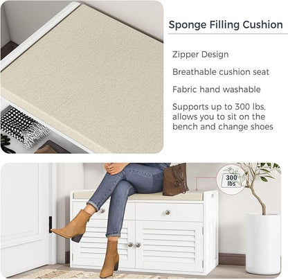Shoe Storage Bench with 2 Drawers &amp; 2 Doors, Entryway Bench with Cushion, 2 Adjustable Shelves, Shoe Cabinet for Entryway, Living Room, Hallway, Mudroom, Bedroom, White