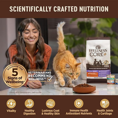 Wellness CORE+ Hairball Adult Dry Cat Food for Indoor &amp; Outdoor Cats, Grain Free, Natural, Chicken and Chicken Meal (4.75 Pound Bag)