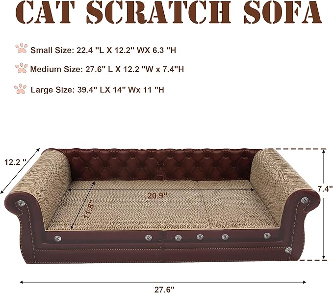 Scratching Sofa, Couch Shaped Thick Scratching Cardboard, Lounge Bed for Indoor Rest&amp;Play, Sofa Scratcher Pad (Brown, 27.6" L X 12.2" W X 7.4" H)