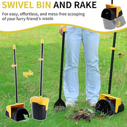 Pooper Scooper Large Swivel Bin &amp; Rake with 160 Waste Bags,Heavy Duty Dog Pooper Scooper with Bag Attachment for Large Small Dogs, Long Handle Poop Scooper with Lid for Yard, Grass, Gravel (Yellow)