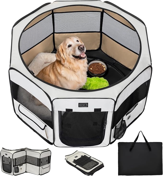 PETSFIT 45.5" Dog Playpen Indoor/Outdoor-Jump-Proof 28.5" Height with Removable Waterproof Mat &amp; Zippered Roof | RV, Camping, Travel Dog Pen | Whelping &amp; Cat Observation Space(45.5"L x 45.5"W x 28.5H)