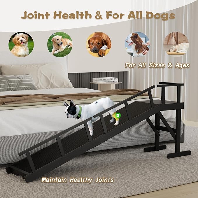 73" Dog Ramp for Bed, Pet Ramp with Removable Side Rail and Non-Slip Surface, Pet Ramp for Small &amp; Large &amp; Senior Dogs with Rest Platform and DIY Glow Strips,Dog Stairs for Couch, Black