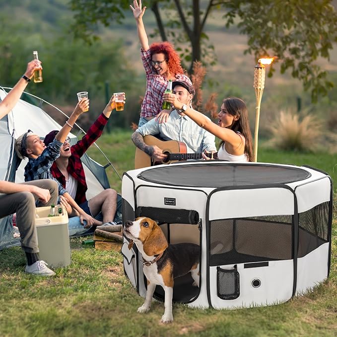 PETSFIT 29" Puppy Playpen with Removable Waterproof Mat &amp; Zippered Roof | RV, Camping, Travel Dog Pen | Indoor/Outdoor Whelping &amp; Cat Observation Space(29.5"x29.5"x16.5"H)