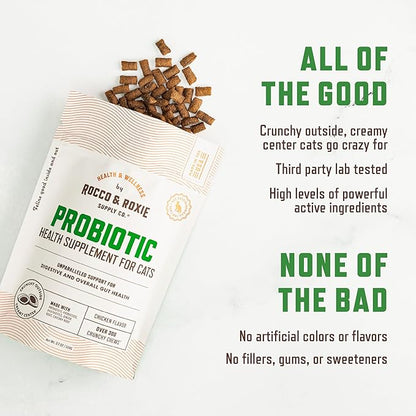 Rocco &amp; Roxie Cat Probiotic Health Supplement for Cats, Prebiotic and Postbiotic for Digestive + Gut Support, Constipation Relief, Anti Diarrhea, Supplements &amp; Vitamins, Chicken Flavored Crunchy Chews