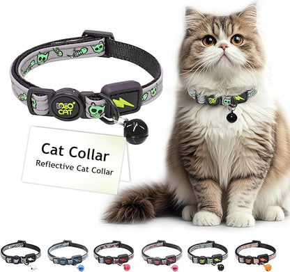 DOCO Cat Collar (Neck Girth - 3/8" x 7.5-12", Weight Upto - 13lb) Reflective Cat Collar with Bell, Breakaway Safety Buckle, Adjustable Nylon Strap for Kittens &amp; Adult Cats (Lime)