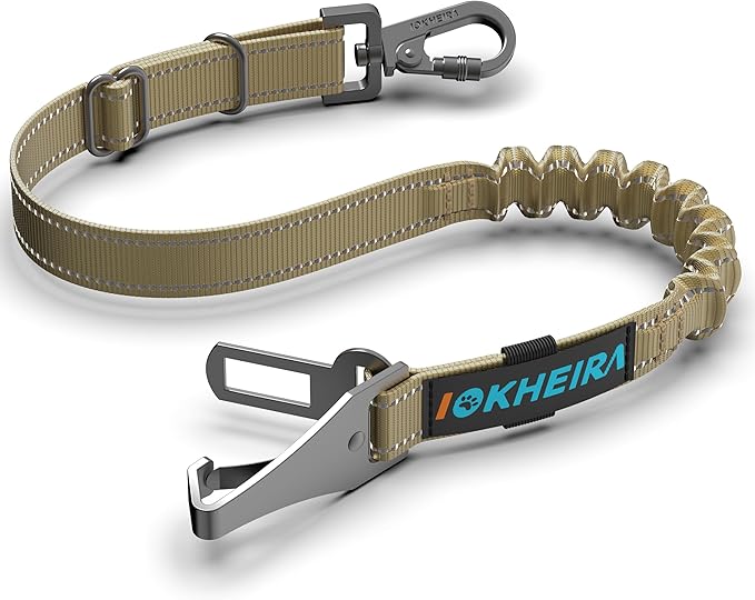 IOKHEIRA Dog Seat Belt 3-in-1 Car Harness for Dogs Adjustable Safety Seatbelt for Car Durable Nylon Reflective Bungee Fabric Tether with Clip Hook Latch &amp; Buckle, Swivel Zinc Alloy Carabiner Green